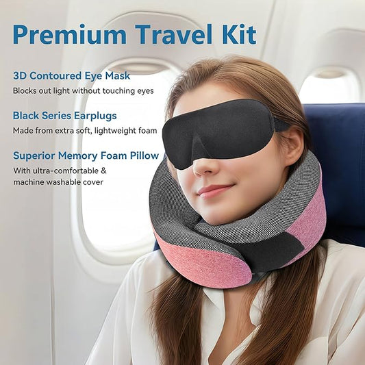 Proglobe Pink Airplane Travel Pillow Set, 100% Pure Memory Foam Neck Pillow, Updated Material, Long Flight Travel Kit with 3D Contoured Eye Masks, Earplugs, and Luxury Bag
