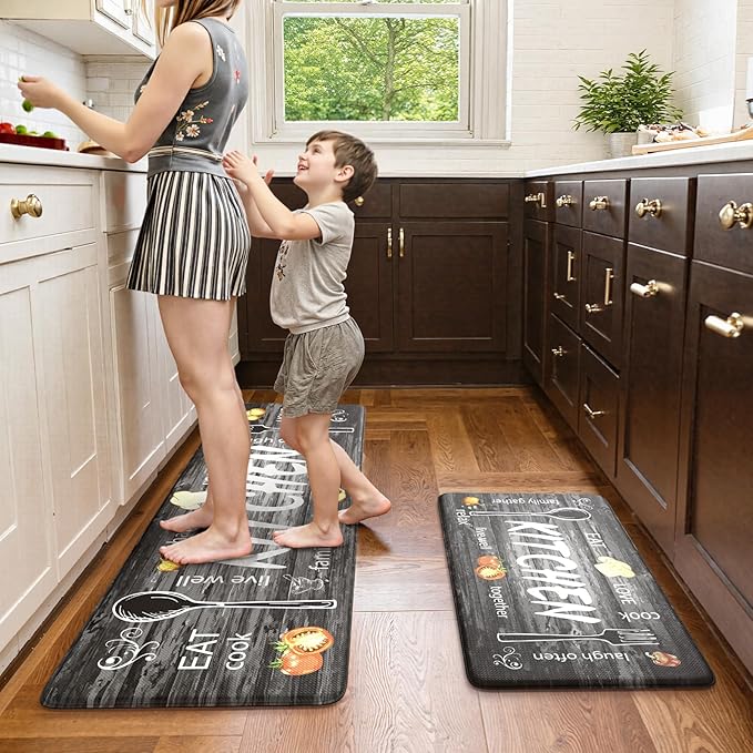 KIMODE Anti Fatigue Kitchen Mat 2PCS,Non Slip Waterproof Kitchen Rugs,Farmhouse Grey Kitchen Mat for Floor,Cushioned Comfort Foam Standing Mat for Home,Laundry,Sink,Desk