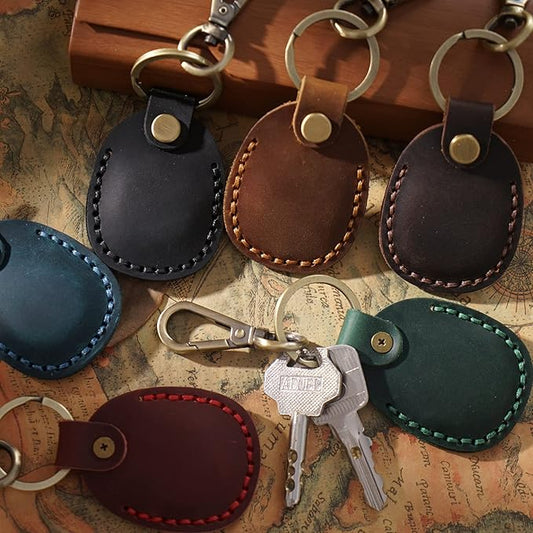 Genuine Leather Airtag Holder, Portable Air Tag Keychain with Key Rings Full Coverage Air Tags Hidden Case Cover Compatible for AirTags Green