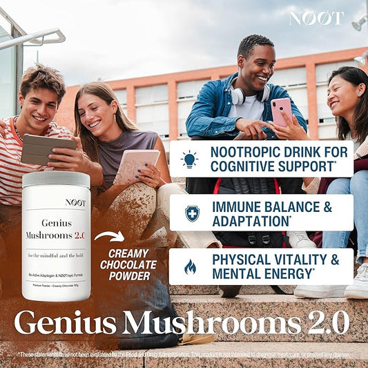Genius Mushrooms 2.0 - Nootropic Mushroom Supplement, Cocoa Powder with Lions Mane, Reishi, Chaga & Cordyceps, Adaptogens Supplements, Biohacking Products, Adaptogen Drink Mix, 1 Month Supply