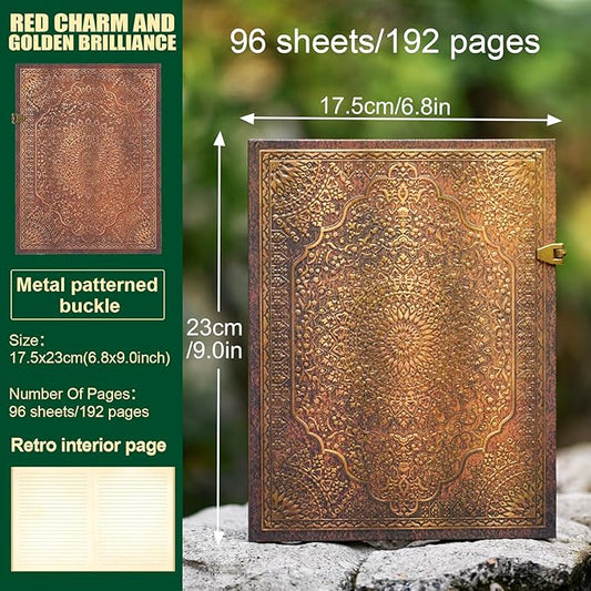 Retro 3D Red Charm Golden Radiance Cover Hardcover Journal,Containing 96 Sheets/192 Pages Lined Journal,With Envelope Pocket,Suitable As A Notebook,Travel Diary,Or Wedding Anniversary.