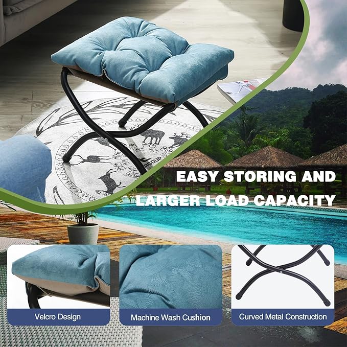 15" Foldable Foot Stool Ottoman with Metal Frame - Washable Blue Upholstered Indoor/Outdoor Footrest for Living Room, Bedroom, Patio - Space-Saving Compact Design