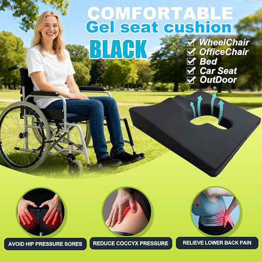 Gel Wheelchair Seat Cushion,Bed Sore Cushions for Butt,Relieve Sciatica,Coccyx,Pressure Sore and Ulcer Pain Relief pillow,Ergonomic Cushion for Office Chairs&Car,Removable&Washable Cover (BLACK)