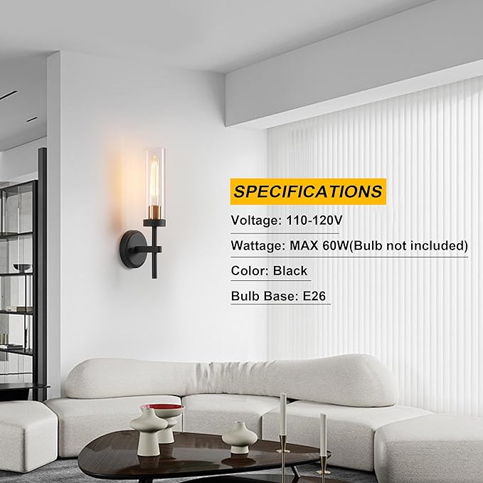 Wall Sconces Set of Two,Black Gold Bathroom Sconces Wall Lighting with Clear Glass, Modern Sconces Wall Decor Set of 2 Wall Light fixtures for Bathroom Mirror Living Room Hallway Bedroom Wall Lamp