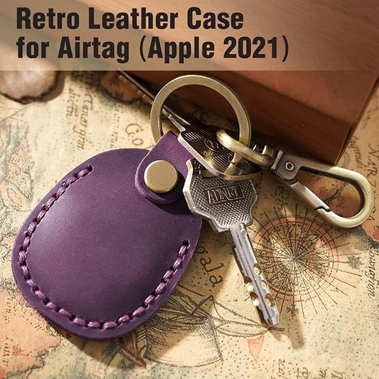 for Airtag Holder, Portable Genuine Leather Air Tag Keychain with Key Rings Full Coverage Air Tags Hidden Case Cover Compatible with Airtag Purple