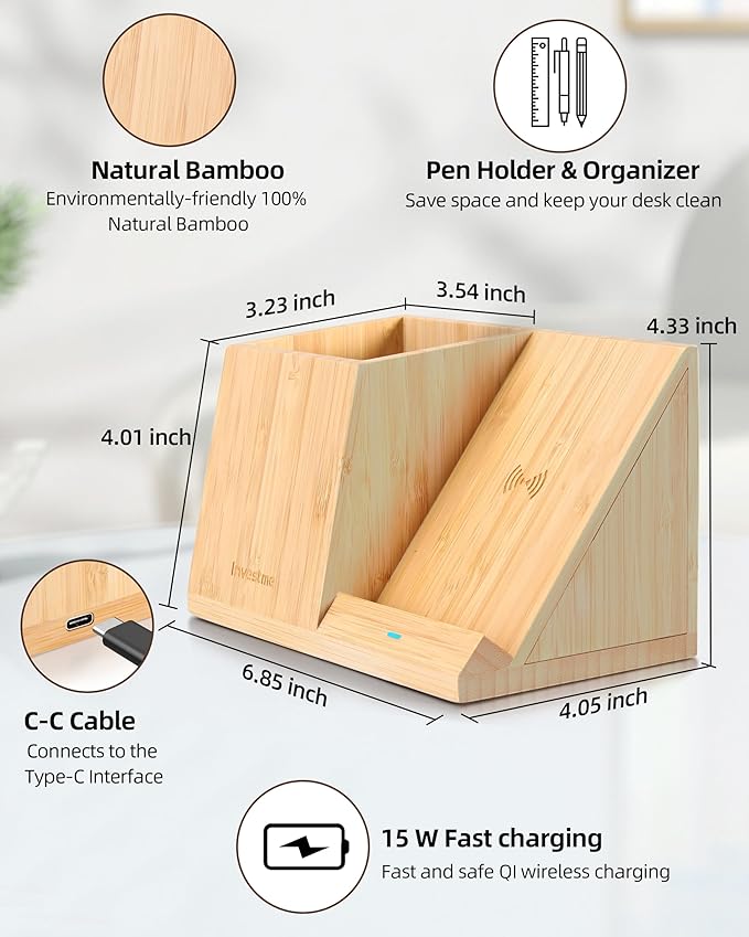 3-in-1 Bamboo Wireless Charger with Desk Organizer, Bamboo Pen Holder for Desk, 15W Fast Wireless Charger with Pen Holder for Home Office Supplies, Compatible with iPhone and Samsung