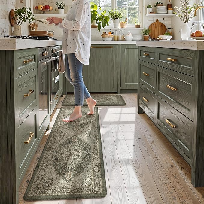 KIMODE Kitchen Mats Cushioned Anti Fatigue, Boho Distressed Kitchen Rugs Sets of 2, Non Slip Kitchen Floor Mat, Comfort Standing Mat for Laundry, Office, Sink, Desk Dark Green 17"x59"+17"x29"