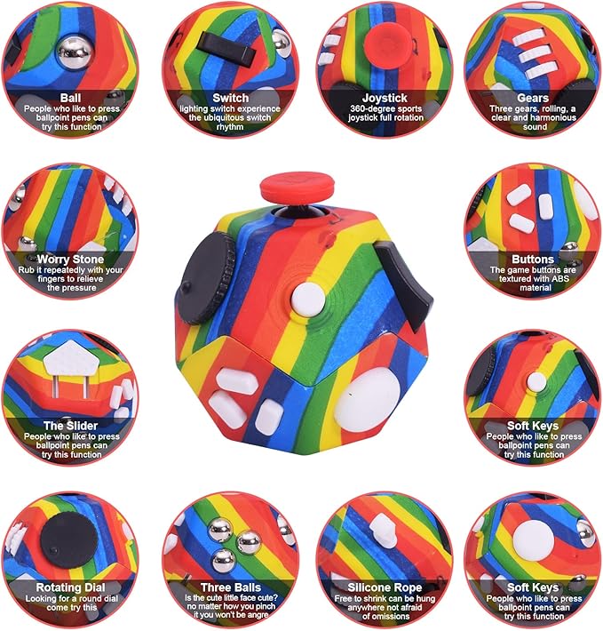 Small Fidget Toys,12 Sided Cube Toys for Kids Adults with Anxiety ADHD Autism and Relief Stress (Rainbow)