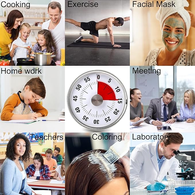 Visual Kitchen Timer for Cooking and Kids with Loud Alarm, Classroom Timers for Desk, No Batteries Required, Mechanical Desk Timer, Magnetic Egg Timer for Study, Chef Clock, Stainless Steel, Countdown