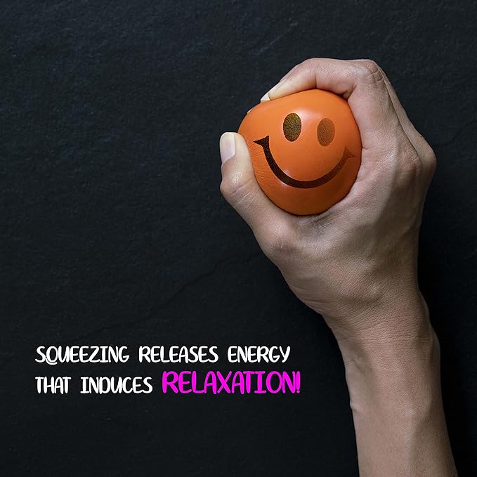 Neliblu Neon Smile Stress Balls for Adults and Kids - Foam Squeeze Balls for Stress Alleviation, Relaxation and Fun - Pack of 12 Happy Face 2.5-Inch Stress Balls - Ideal for Parties, Therapy, and Toys