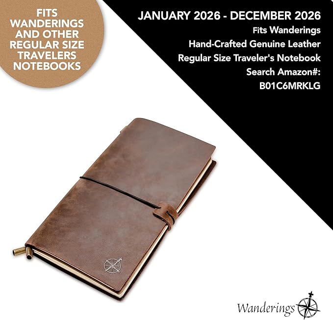 Wanderings Regular Size Traveler's Notebook Calendar Refill Inserts - 8.25 x 4.25" (21cm x 11cm) - January - December 2026 - Calendar Planner Refills For Leather Travel Journals Diaries and Planners