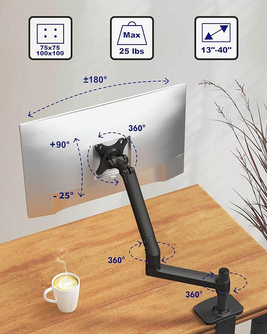 Single Monitor Arm Desk Mount, Holds Screens up to 40 Inches and 25 lbs, Fully Adjustable Vesa Monitor Mount with C-Clamp and Grommet Base, Aluminum, Black