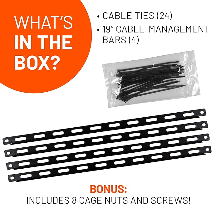 ECHOGEAR Rack Cable Management Tie Bar Kit - Includes 4X 1U Tie Bars, 24 Zip Ties, 8 Cage Nuts, & 8 Screws - Works with 19" Open Frame Racks & Enclosures