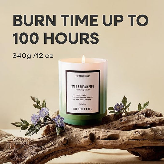 Hidden Label Eucalyptus&Sage Soy Candle, 12oz/75-Hours Burn Time, 100% Natural Candles Non Toxic, Aromatherapy Candle for Stress Relief, Meditation, Yoga & Relaxation