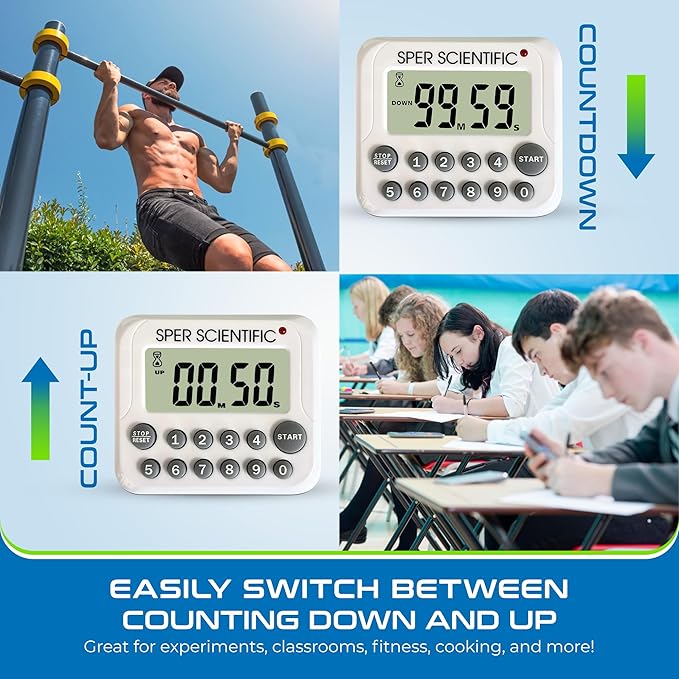 Sper Scientific Digital Count Up/Down Timer with Audible & Visual Alarm 810003 – Timer with Large Display, Loud Alarm & Up to 99 Minute Countdown - for Labs, Cooking, Workouts, Classroom & more - 4 pc