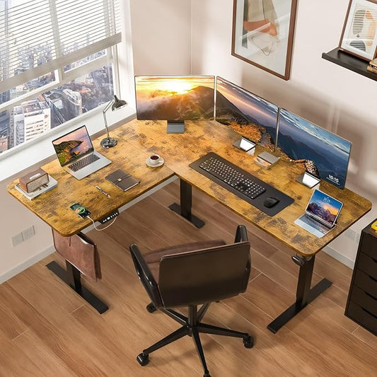 63 x 55 inch L Shaped Standing Desk, Corner Computer Desk, Electric Adjustable Height Stand Up Table, L Sit Stand Desk for Home Office Gaming, Rustic Brown