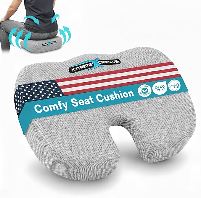 Xtreme Comforts Seat Cushions | Office Chair Cushions for Desk, Car, Wheelchair| Ergonomic Memory Foam Seat Cushion for Support & Comfort | Helps Improve Sitting Posture for Work & Body Relief