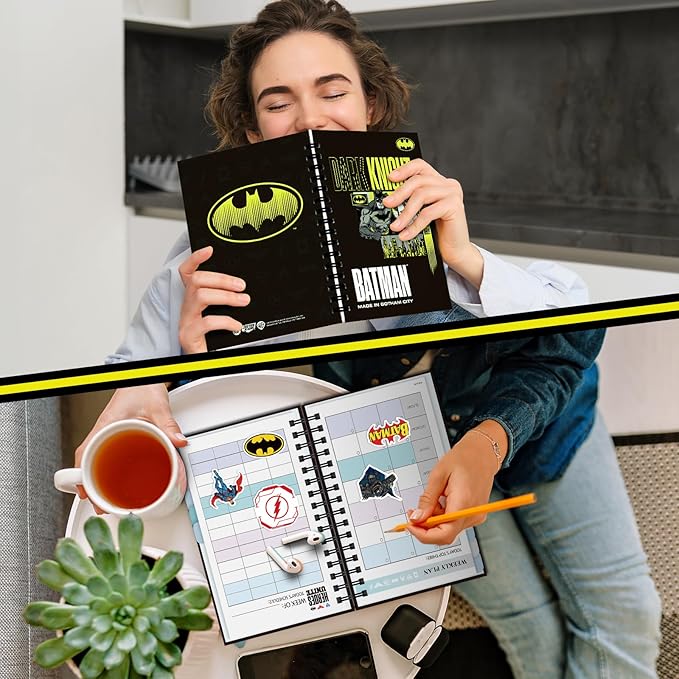 Hardcover Spiral Notebook Journal with 12 Dividers Tabs Weekly&Monthly Planner Productivity Journal Superhero Theme Leather Organizer for Work School Adults Teens and Professionals (BATM-BLACKYELLOW)