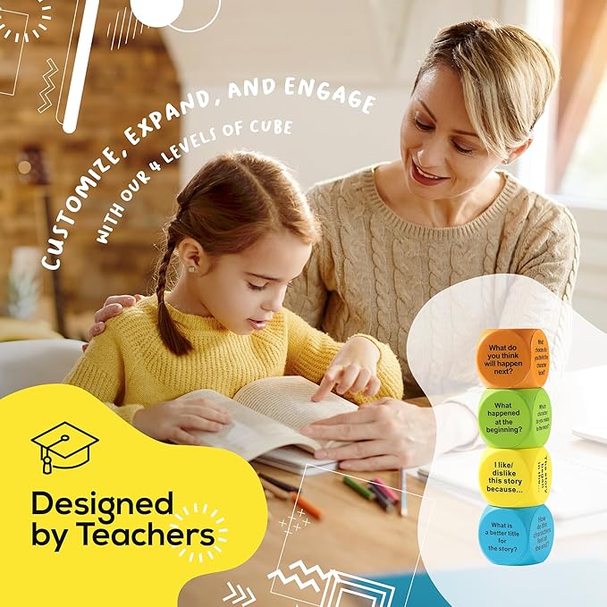 Interactive Reading Comprehension Cubes Set - Educational Learning Dice for Kids, Teachers, and Parents - 4 Levels, 24 Questions - Learning Games for Kids, Classroom and Home Learning Tools