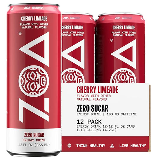 ZOA Zero Sugar Energy Drinks, Cherry Limeade - Sugar Free with Electrolytes, Healthy Vitamin C, Amino Acids, Essential B-Vitamins, and Caffeine from Green Tea - 12 Fl Oz (12-Pack)