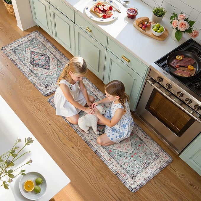 KIMODE Farmhouse Kitchen Mats,Anti Fatigue Kitchen Rugs Sets of 2, Non Slip Waterproof Kitchen Floor Mats, Ergonomic Cushioned Comfort Standing Mat for Laundry, Office, Sink,Desk,Blue