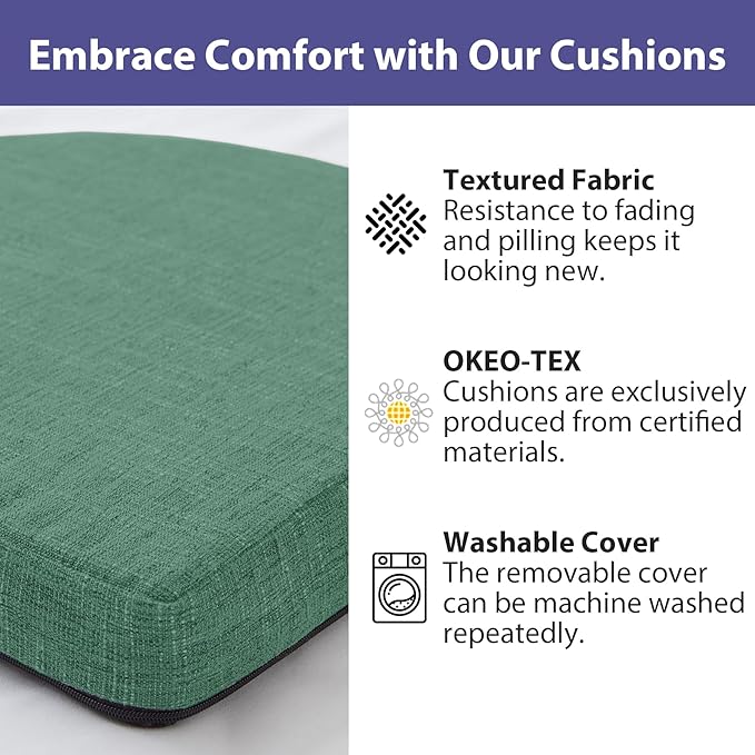 Chair Cushions for Dining Chairs with Ties and Removable Cover, Dining Kitchen Chair Pads with Non-Slip Bottom, High-Resilience Indoor Seat Cushions, 16'' x 16'' x 2'', Set of 4, Dark Green