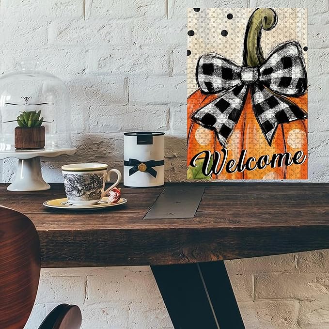 1000 Piece Difficult Wooden Jigsaw Puzzle Welcome Pumpkin Adults Kids Portable Travel Game Fun Stress Relief Brain Teaser & Educational Toy for Home Kitchen Decor 29.5x19.7 Inch
