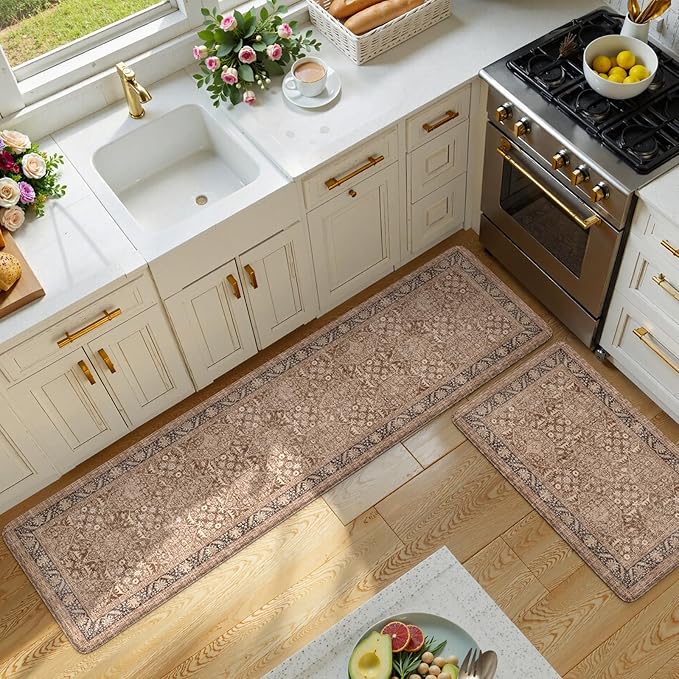 KIMODE Kitchen Mats Cushioned Anti Fatigue, Summer Boho Distressed Kitchen Rugs Sets of 2, Padded Kitchen Floor Mats, Non Slip Standing Mats for Sink Laundry Office Desk Brown 20"x71"+20"x32"