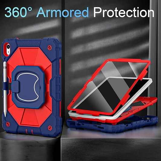 Case for iPad (A16) 11th/10th Generation 11.0/10.9 Inch with Screen Protector/360Β° Rotating Stand/Shoulder Strap/Pencil Holder,Military Grade Shockproof iPad Case 10th Generation,Navy Red