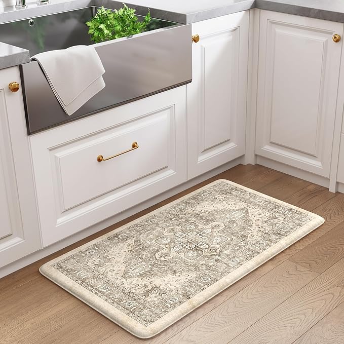 KIMODE Anti Fatigue Kitchen Mat for Floor, Boho Vintage Kitchen Rug, Non Slip Waterproof Kitchen Floor Mat, Ergonomic Cushioned Standing Mat for Sink, Laundry, Desk Khaki 17.3"x29"