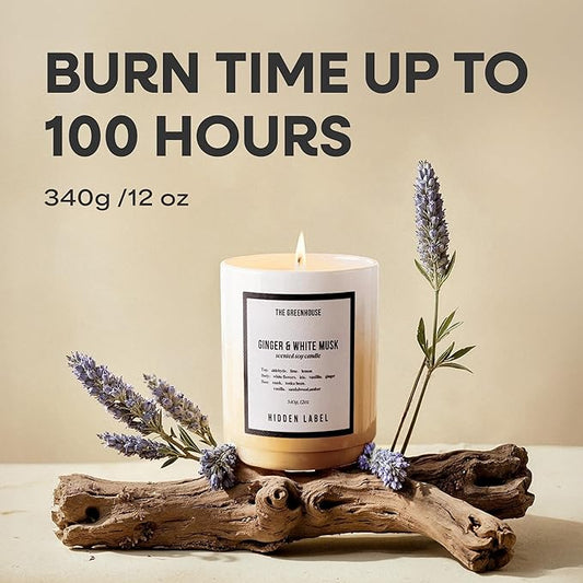 Hidden Label Ginger & White Musk Soy Candle, 12oz/75-Hour Burn Time, 100% Natural Soy Wax, Aromatherapy Candle for Stress Relief, Meditation, Yoga & Relaxation