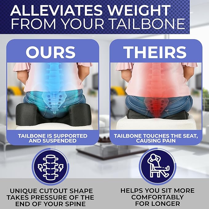 YogiBum Patented Cushion | Extra Large Tailbone Gap | XL Size for 190lbs+ | Med Size for 150-190lbs | Relief for LowBack, Tailbone, Sciatica, Hemorrhoids | Snug Fit on Office/Computer Chairs