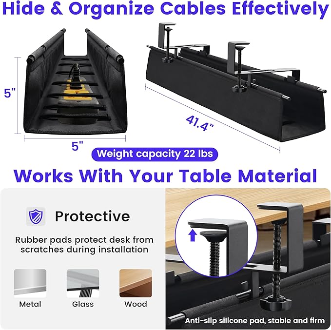 Under Desk Cable Management Tray, Clamp-On Cord Organizer,No Drilling Required, Holds Up to 22 lbs, for Cords, Routers, Power Strips (Black, 28.4inch)