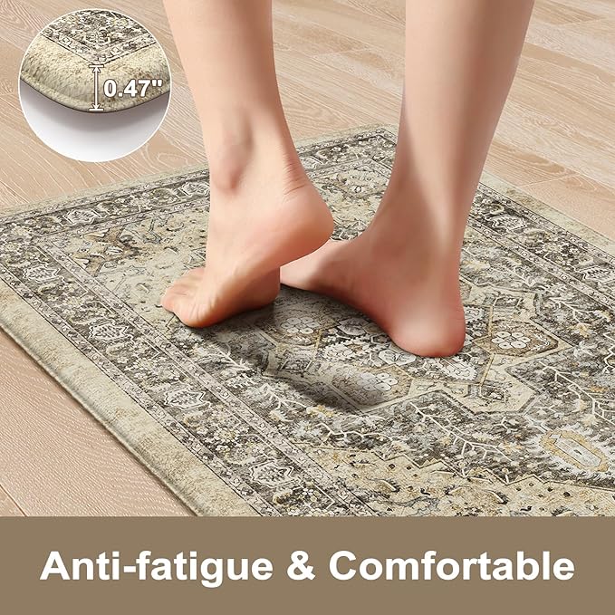 KIMODE Anti Fatigue Kitchen Mats for Floor, Boho Kitchen Rugs Sets of 2, Cushioned Kitchen Floor Mats, Comfort Standing Mat for Sink Laundry Office Desk Brown 17"x59"+17"x29"