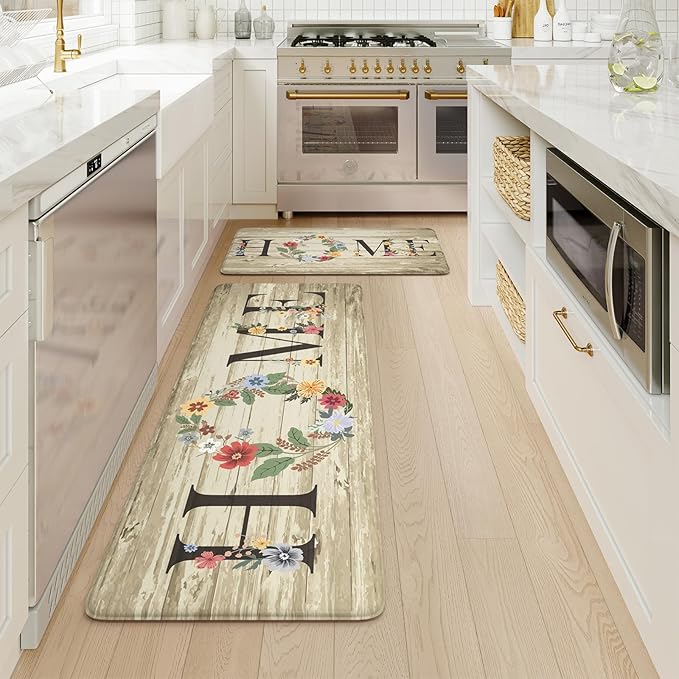 KIMODE Anti Fatigue Mats for Kitchen Floor,Farmhouse Floral Rugs Sets of 2,Cushioned Carpet Non Slip,Wide Memory Foam Runner for Bathroom Sink Laundry Office,Beige 20"x47"+20"x32"