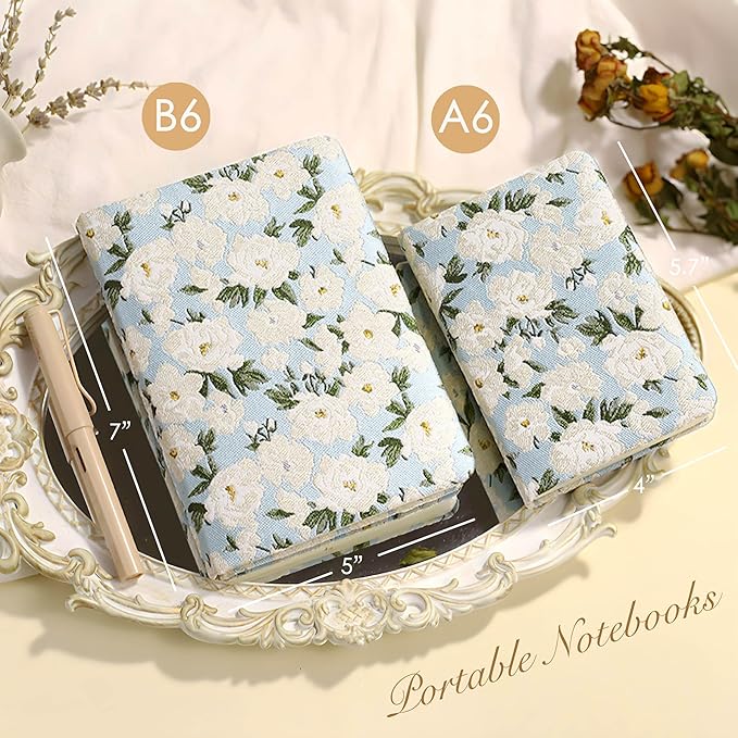 Pocket Notebook, A6, 4x6, Small Embroidered Journal, Cute Notebook, Lay Flat, Hardcover, Lined Notebook & Sketchbook, Personal Writing Journal for Women, Blue Journal, White Gardenia Flower