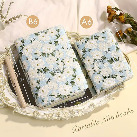 Pocket Notebook, A6, 4x6, Small Embroidered Journal, Cute Notebook, Lay Flat, Hardcover, Lined Notebook & Sketchbook, Personal Writing Journal for Women, Blue Journal, White Gardenia Flower