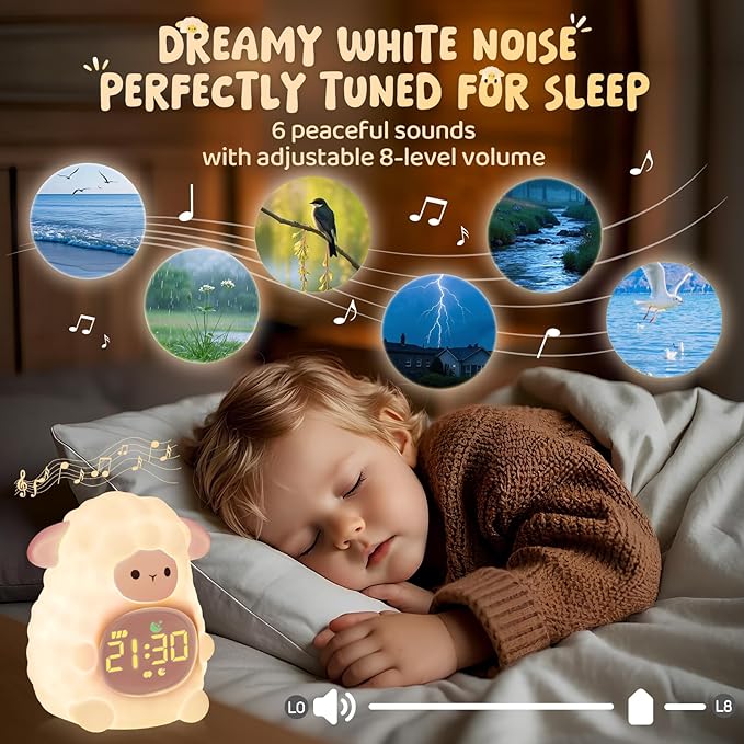Sheep Alarm Clock with Night Light for Kids with Sleep Training and Sound Machine, Rechargeable Silicone Lamp OK to Wake Clock,Cute Animal Tabletop Lamp, Perfect Sleep Companion for Boys Girls, Pink
