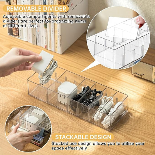 2 Pack Cable Storage Organizer Box with 8 Compartments and 14 Wire Ties, Stackable Charger Organizer, Clear Cord organizer for Drawer, Adjustable Divider Cord Management Box