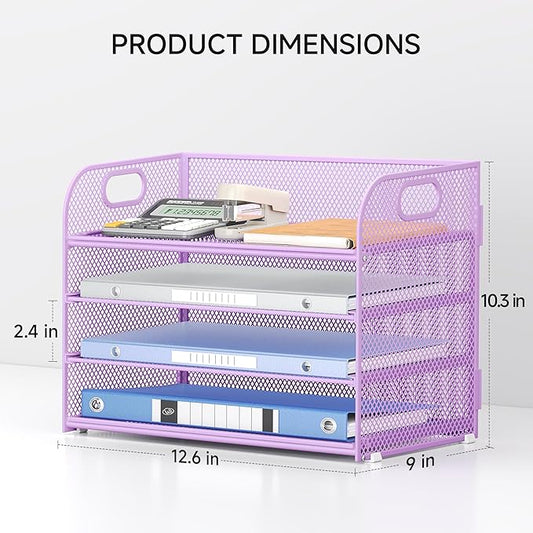 Lavatino 4-Tier Paper Organizer Trays - Purple Mesh File Folder Sorter with Handles, Desk Letter Holder Organizer for Office, Home, School Supplies Storage & Organization