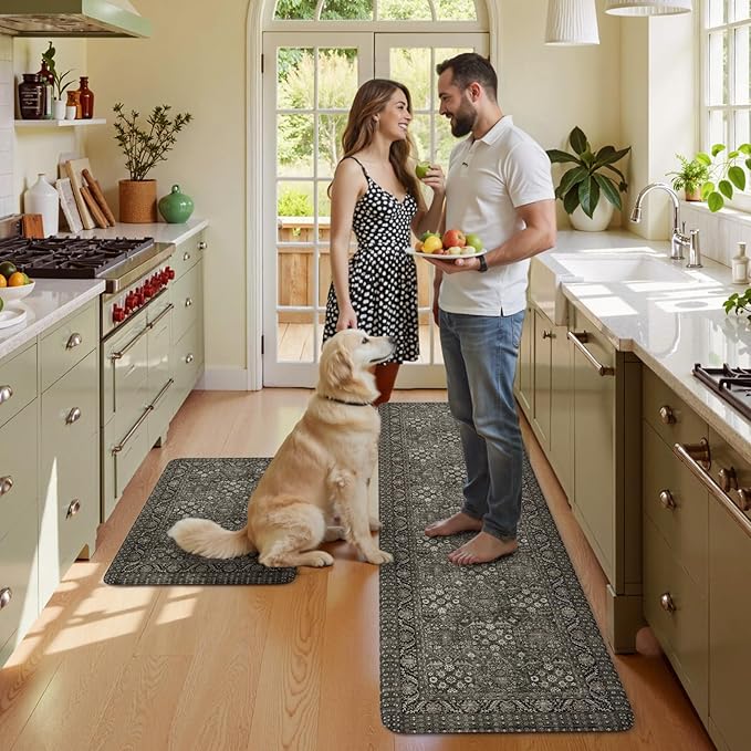 KIMODE Kitchen Mat for Floor Cushioned Anti Fatigue, 20"x71"+20"x32" Farmhouse Kitchen Rugs Sets of 2, Non Slip Waterproof Kitchen Floor Mat, Standing Mat for Sink Laundry Office Desk Green/Grey