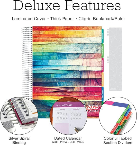 Aug 2024-Jul 2025 Deluxe Teacher Planner Notebook 8.5x11 Daily Weekly Monthly Organizers with 7 Periods, Pocket Folder, Dated Calendar, Page Tabs, Bookmark and Planning Stickers (Rainbow Oak)