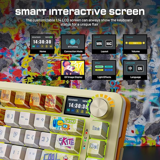 Redragon Wireless Mechanical Gaming Keyboard - Gasket-Mounted RGB Backlit, Custom Keys, 3-Mode(Bluetooth/2.4G/USB), Hot-Swap Pre-Lubed Switches, Screen & Control Knob - Doodle Style