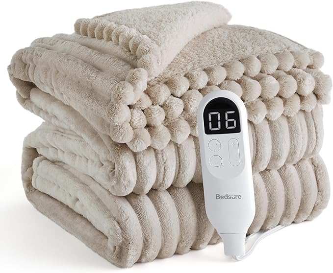 Bedsure Electric Blanket Full Size - Thick Striped Flannel Heated Blanket with 6 Heat Settings, 10 Time Settings, 8-Hour Timer Auto Shut Off, Gifts for Grandma (72x84 inches, Linen)