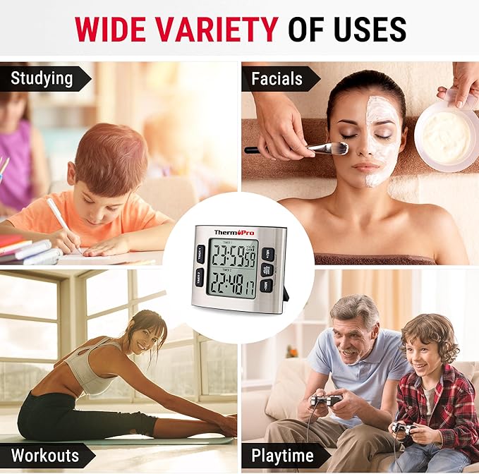 ThermoPro TM02 24 Hours Digital Timer with Dual Kitchen Timers for Cooking, Stop Watches Magnetic Timer Clock with Adjustable Alarm Volume & LCD Backlit Display, Classroom Timer for Kids & Teachers