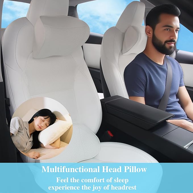 Car Headrest Pillow 100% Memory Foam, Breathable Removable Leather Cover, Premium Seat Support Head Neck Cushion for Driving Travel Home Office, White, 2 Pack