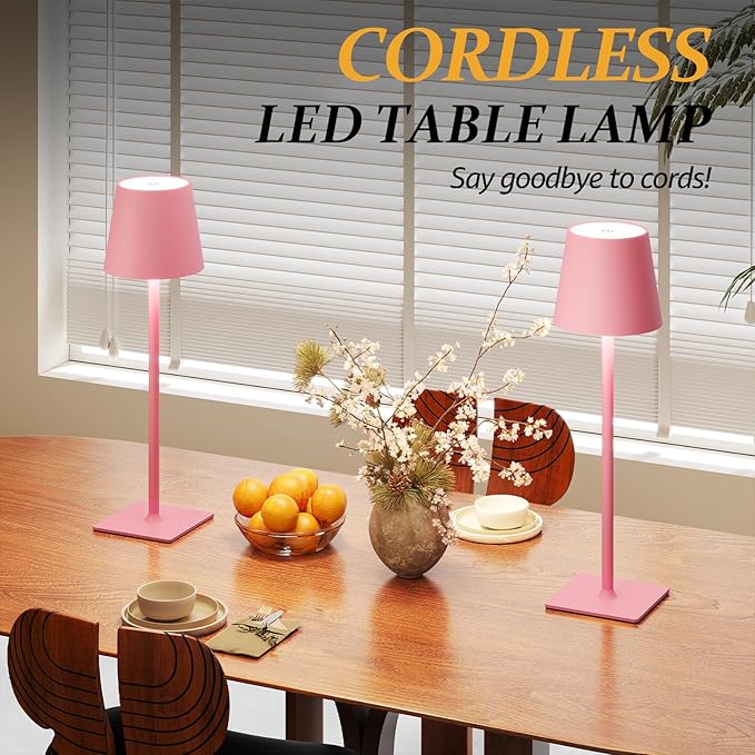 2 Pack Cordless Table Lamps, 3 Colors Stepless Dimming, 5000mAh Rechargeable Battery LED Desk Lamp for Bedroom/Couple Dinner/Desk/Cafe/Dining Room/Terrace