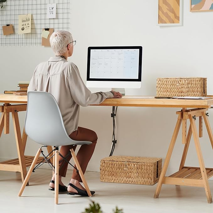 Posprica Cable Management Box with Lid, 2Pack Handwoven Real Water Hyacinth Cord Hider Organizer Boxes, 2 Side Open Slots Storage Box to Hide Cords Power Strip for Desk, Floor, Office