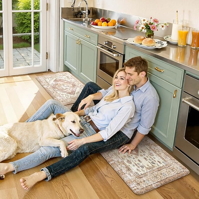 KIMODE Anti Fatigue Kitchen Mat, Farmhouse Kitchen Rugs Sets of 2, Non-Slip Waterproof Kitchen Floor Mats, Ergonomic Cushioned Standing Mat for Sink, Laundry, Desk Khaki 20"x47"+20"x32"