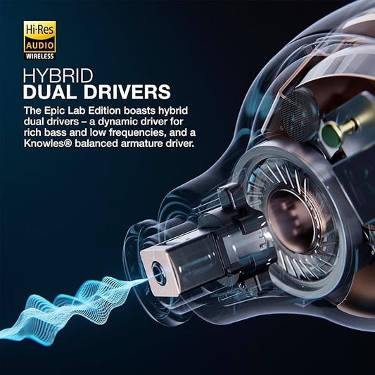 JLab Epic Lab Edition True Wireless Earbuds, Hybrid Dual Drivers, Spatial Audio, Multipoint BT, Wireless or USB-C Charging, Wear Detect Auto Play/Pause, Google Fast Pair